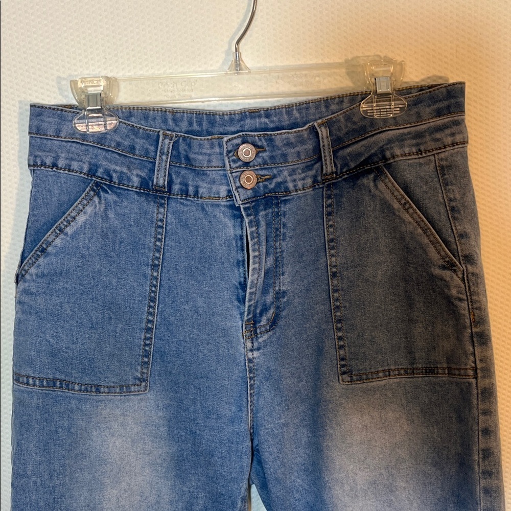 ALLIMY Light Wash High Waisted Wide Leg Jeans Raw Hem Women’s Stretch Size 12 - Picture 2 of 7